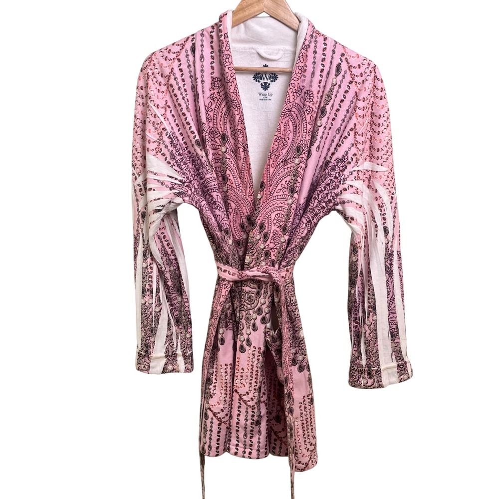 Wrap Up VP Pink Embellished Rhinestone Belted Soft Short Robe L/XL USA